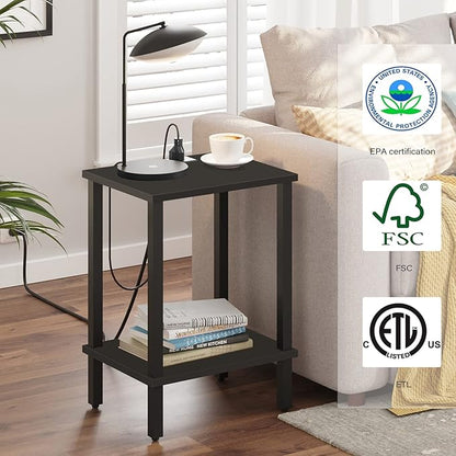 TUTOTAK End Table with Charging Station, Side Table with USB Ports and Outlets, Nightstand, 2-Tier Storage Shelf, Sofa Table for Small Space TB01BK040