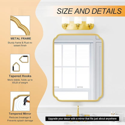 28"x36" Gold Bathroom Mirror with Rustproof Metal Frame, Modern Rounded Corner Wall Mirror for Vanity Over Sink, Horizontal/Vertical Hanging