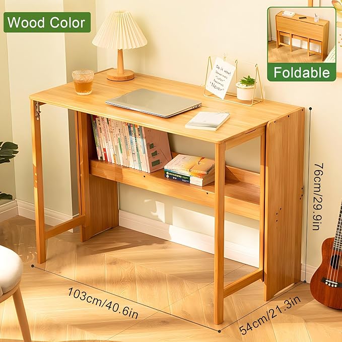 Folding Desk with Bookshelf, 40.6 Inch Computer Table Space Saving, Small Foldable Student Writing Desk for Home Bedroom Study Office Bamboo Wooden Workstation, Wood Color (41×21IN)