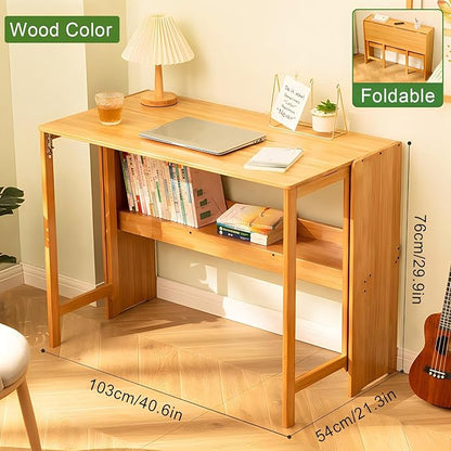 Folding Desk with Bookshelf, 40.6 Inch Computer Table Space Saving, Small Foldable Student Writing Desk for Home Bedroom Study Office Bamboo Wooden Workstation, Wood Color (41×21IN)