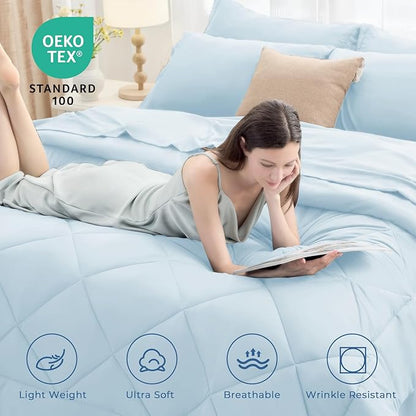 HEVUMYI 7 Pieces Queen Comforter Set, All Season Reversible Bed in a Bag Queen, Ultra Soft Queen Bedding Set with Grey Comforter, Flat Sheet, Fitted Sheet, Pillowcases, Pillow Shams, Greyish Blue