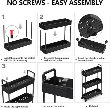 SOLEJAZZ Slim Rolling Storage Cart with Wheels 3 Tier Skinny Bathroom Storage Organizer Thin Laundry Room Utility Cart Space-Saving for Bedside Kitchen Office Small Narrow Places, Black