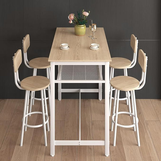 5-Piece Bar Table and Chairs Set, 43.3'' Pub Table Set Modern Small Table and Chairs Set of 4 for Breakfast Nook Living Room Small Space Restaurant, White Oak