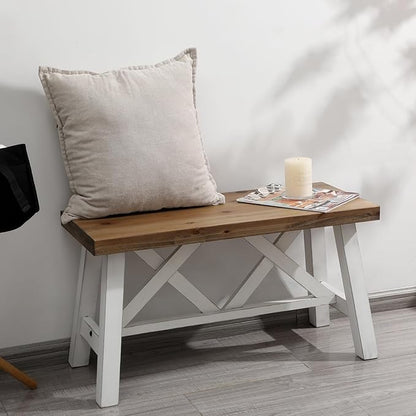 Wnutrees 30" Farmhouse Wood Bench, Rustic Solid Wood Entryway Bench Seat with Double X-Structure for Dining Room, Living Room, Hallway, Structural Stability, White