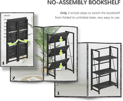4NM No-Assembly Folding Bookshelf Storage Shelves 3 Tiers Vintage Bookcase Standing Racks Study Organizer Home Office (Gray Black)
