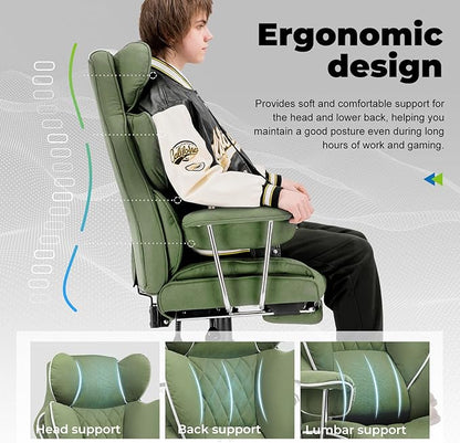 COMHOMA Big and Tall Office Chair, High Back Leather Gaming Chair with Footrest, Executive Ergonomic Office Chair with Pocket Spring Lumbar Support and with Outward Fixed Soft Armrests