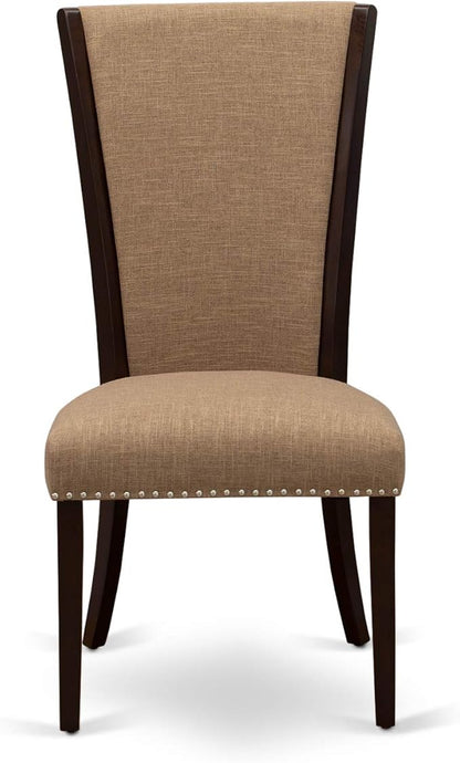 East West Furniture ANVE3-MAH-47 3 Piece Dining Table Set for Small Spaces Contains a Round Kitchen Table with Pedestal and 2 Light Sable Linen Fabric Parson Chairs, 36x36 Inch, Linen White