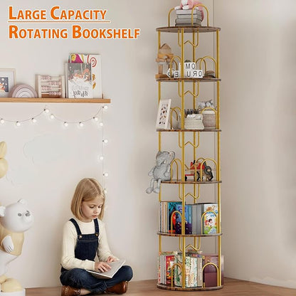 5 Tier Rotating Bookshelf, 360° Spinning Bookshelf Tower, Round Narrow Space Saving for Books and Display, Revolving Bookcase Corner Tall Book Shelf for Small Spaces, Bedroom, Living Room, Gold