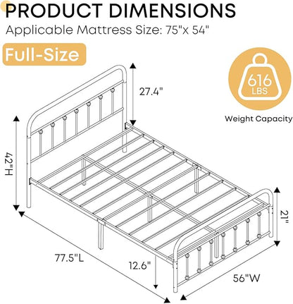 Full Size Bed Frame-Classic Metal Platform Bed Frame Mattress Foundation with Victorian Style Iron-Art Headboard/Footboard/Storage Space/No Box Spring Needed/Black