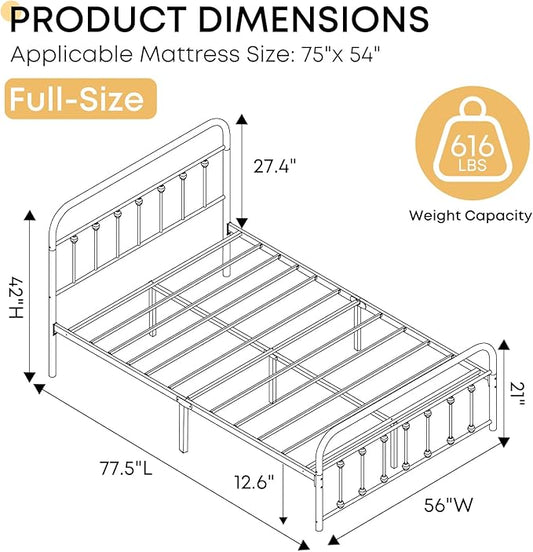 Full Size Bed Frame-Classic Metal Platform Bed Frame Mattress Foundation with Victorian Style Iron-Art Headboard/Footboard/Storage Space/No Box Spring Needed/Black