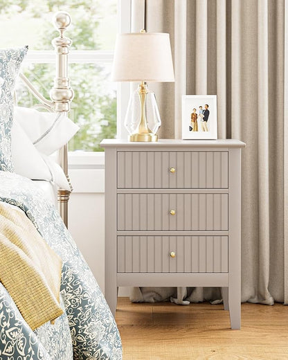 Night Stand, Fluted Nightstand Bedside Tall Farmhouse Nightstand with 3 Drawers, Mid Century Modern Side Accent Table,Bedside End Table for Bedroom, Living Room, Khaki