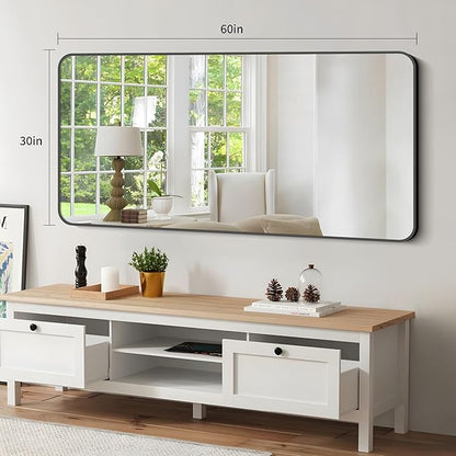Bathroom Mirror, 30x60 inch Black Rectangle Wall Mirror, Metal Frame Rounded Corner Vanity Mirror, Large Wall Mounted Mirrors for Over Sink Bedroom Living Room Horizontal Or Vertical Mounting