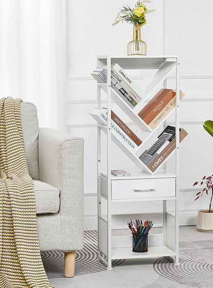 Bookshelf with Drawer,8 Tier Tree Bookcase Retro Floor Standing Bookshelves,Tall Wood Bookcases with Cabinet Storage Organizer for Living Room, Bedroom & Home Office, White