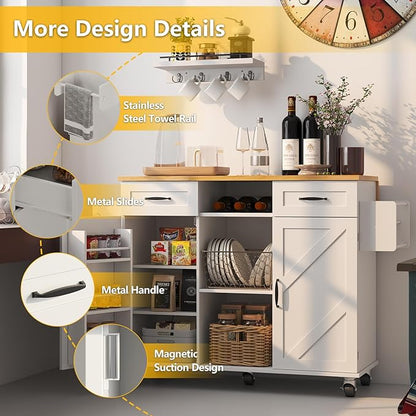 51.5'' Rolling Kitchen Island with Storage Cabinet & Drawers, Drop Leaf Kitchen Cart on Wheels, Farmhouse Portable Mobile Islands, Large Butcher Block Table with Tower/Spice Rack, White