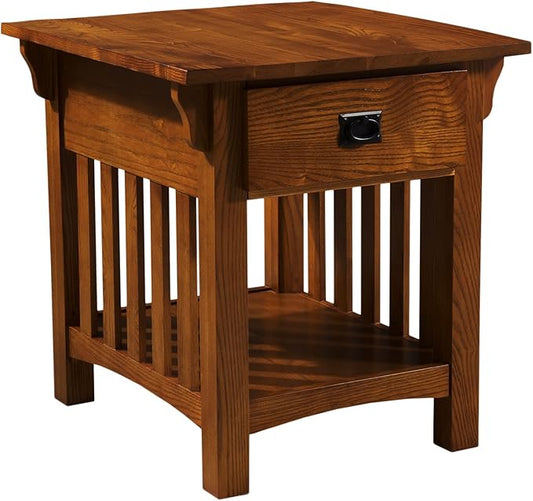 Leick Home Mission End Table, Solid Wood, 1 Storage Drawer, Additional Secret Compartment, Bottom Display Shelf, Easy-Assembly, Medium Oak, 20 in L x 24 in W x 24 in H, 8222-SC
