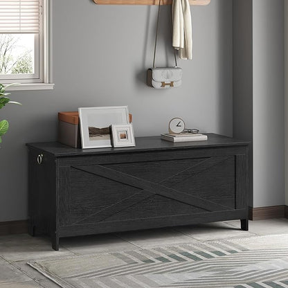 47.2" Toy Chest, Sturdy Entryway Storage Chest with Safety Hinge, Retro Toy Box, Wooden Look Accent Furniture for Living Room, Bedroom, Black SCBK48801