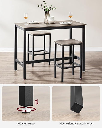 VASAGLE Bar Table Set, Bar Table with 2 Bar Stools, Dining table set, Kitchen Counter with Bar Chairs, Industrial for Kitchen, Living Room, Party Room, Greige and Black ULBT015B02