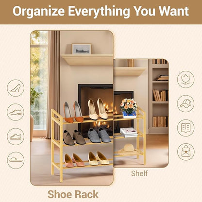 Haddockway Bamboo Shoe Rack for Closet, Free Standing Shoe Organizer with Smooth Round Rods & Convenient Handles, Stackable Shoe Storage Shelf for Entryway, Hallway(Natural, 3-Tier)
