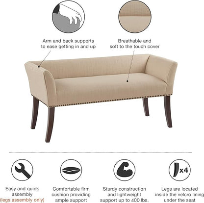 Madison Park Accent Bench, Upholstered with Nailhead Trim, & Padded Seat Entryway Bench Small, End of Bed Bench with Back, 49.5" W x 19.25" D x 23" H, Tan