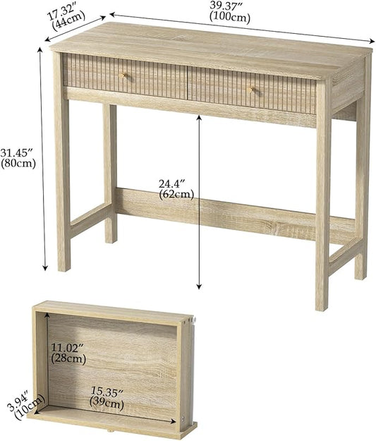 Fluted Writing Desk with Drawers, Makeup Vanity Desk for Bedroom, 40 Inch Home Office Computer Desk with Storage Drawers, Small Console Table