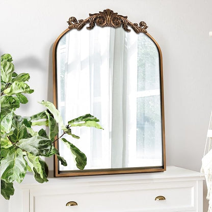 WAMIRRO Antique Mirror,Gold Traditional Vintage Ornate Baroque Arched Brass Wall Mounted Mirrors for Entryway/Fireplace/Living Room/Hallway/Bathroom 19"X27"