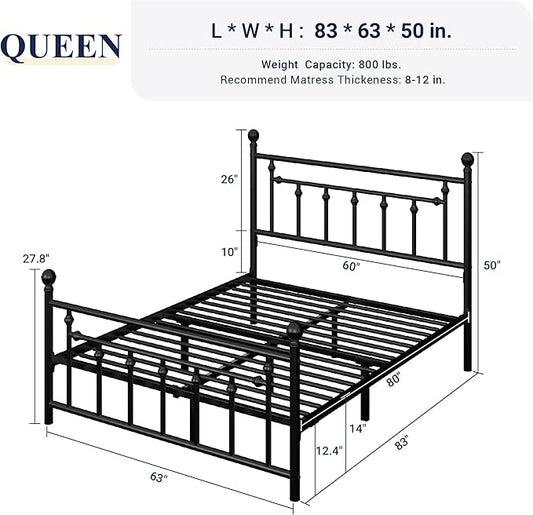 Allewie 14 Inch Queen Size Metal Platform Bed Frame with Victorian Vintage Headboard and Footboard/Mattress Foundation/Under Bed Storage/No Box Spring Needed/Easy Assembly/Noise Free/Black
