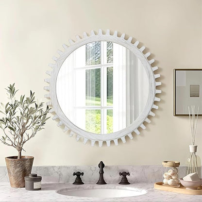 ULIKE Round Wood Mirror, 30 Inch Rustic Farmhouse Circle Mirror with Wooden Frame, Mordern Wall Decor for Bathroom Nursery Bedroom Living Room Entryway, White