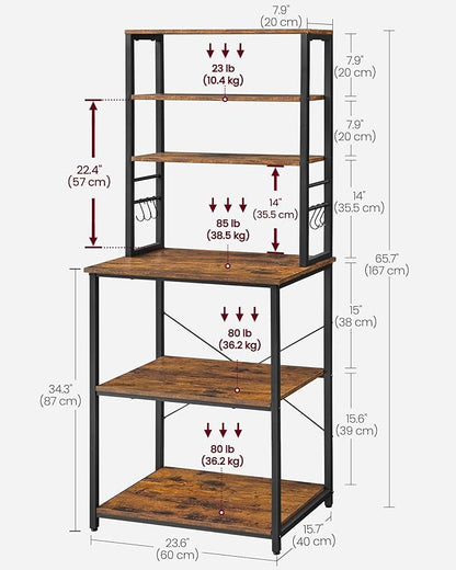 VASAGLE Coffee Bar, Baker’s Rack for Kitchen with Storage, 6-Tier Kitchen Shelves with 6 Hooks, Microwave Stand, Industrial, 15.7 x 23.6 x 65.7 Inches, Rustic Brown and Black UKKS024B01
