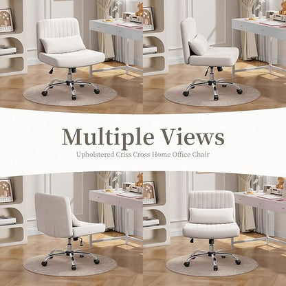 Warmiehomy Criss Cross Office Chair with Wheels, Velvet Cross-Legged Desk Chairs for Home, Height Adjustable Swivel Wide Seat Computer Chair, Modern Armless Vanity Chair for Girls Women, White
