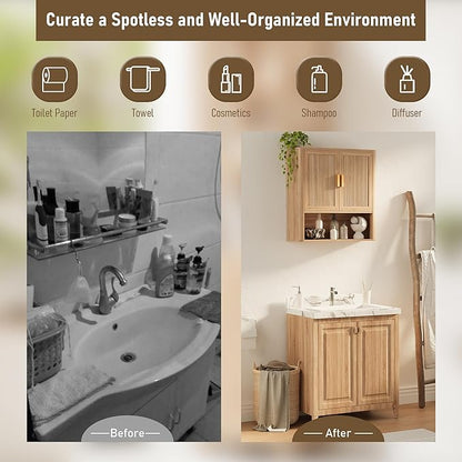 Bathroom Storage Cabinet, Medicine Cabinet with Adjustable Wood Shelf & Doors, Over The Toilet Storage Cabinet for Laundry Room & Kitchen & Living Room (Natural Oak)