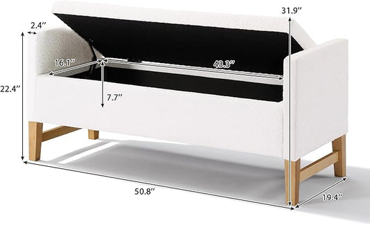Merax Boucle Upholstered Storage Ottoman Bench 50.8" End of Bed Bench with 2 Round Pillows & Solid Wood Legs, Ample Hidden Storage Space, for Entryway Bedroom, Ivory