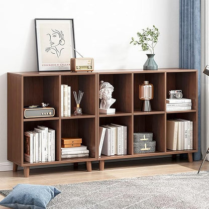 IOTXY Freestanding Open Cubes Bookcase - 2-Tier Floor Standing Wooden Storage Display Cabinet Organizer with Legs for Home Office, 6-Cubes Open Shelf Low Short Bookshelf, Walnut