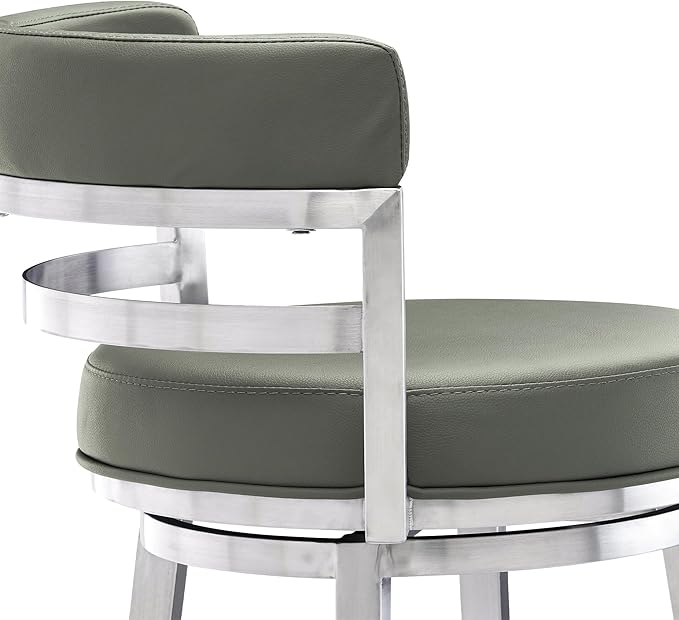Armen Living Titana 30" Bar Height Swivel Grey Faux Leather and Brushed Stainless Steel Bar Stool