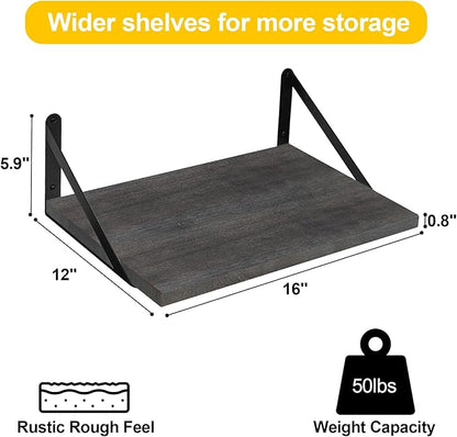 SAUMONIERES Floating Shelves Wall Bookshelf for Bedroom Bathroom Living Room Wood Wall Mounted Wide Deep Storage, Rustic Grey Wall Shelves Set of 2