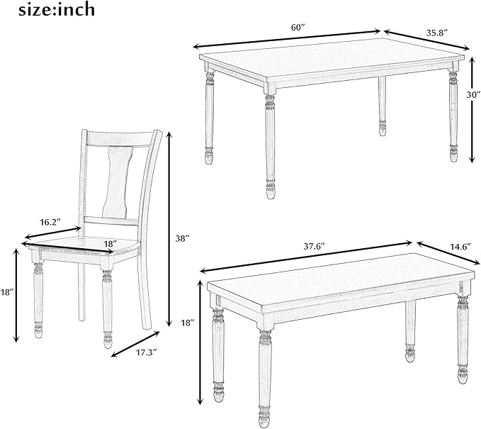 SogesPower Classic 6-Piece Dining Table Set for 4-6,Rectangular Farmhouse Wooden Dining Table Set with 4 Chairs & 1 Bench for Dining Room Living Room,Brown+Cottage White