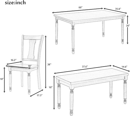 SogesPower Classic 6-Piece Dining Table Set for 4-6,Rectangular Farmhouse Wooden Dining Table Set with 4 Chairs & 1 Bench for Dining Room Living Room,Brown+Cottage White