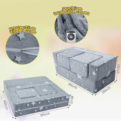 MeMoreCool Modular Kids Play Couch Sofa – Glow in The Dark Star Design, Fold-Out Toddler Couch for Playroom Furniture, Grey