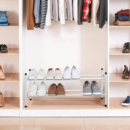 STORAGE MANIAC Expandable Shoe Rack, 8 Pairs Stackable Small Shoe Rack, Metal Adjustable Shoes Organizer for Closet, Entryway, Hallway, Garage, Front Door, Shoes Shelves, White 2 Tier