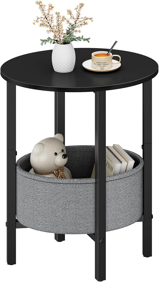 Vagusicc Round Side Table End Table with Storage Basket, Small Side Table Round Nightstand for Small Spaces, Tall Oval End Table with Steel Frame, Coffee Bedside Table for Living Room Bedroom, Black