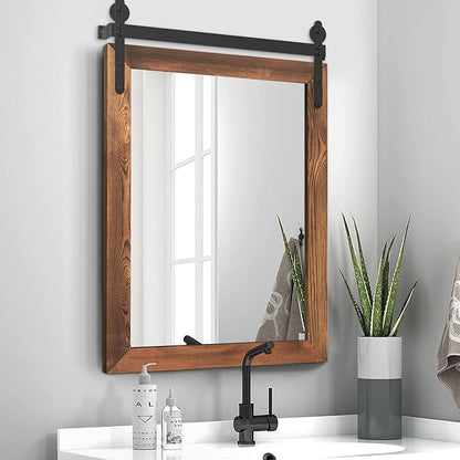 YOSHOOT Farmhouse Barn Door Mirror, 32"x24" Rustic Wood Framed Wall Mirror, Wall Mounted Vintage Mirror, Wooden Farmhouse Style for Bathroom Living Room Entryway, Brown, Vertical Hanging ONLY