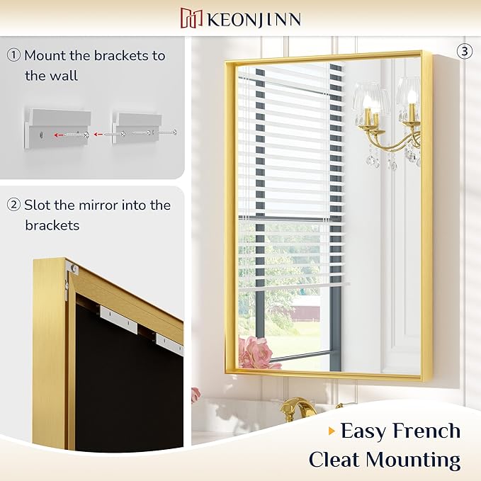 Keonjinn Gold Bathroom Mirror 48 x 30 Inch Gold Trimmed Bathroom Wall Mirror Large Brushed Metal Frame Mirror for Over Sink, Modern Farmhouse Vanity Rectangle Mirror(Horizontal/Vertical)