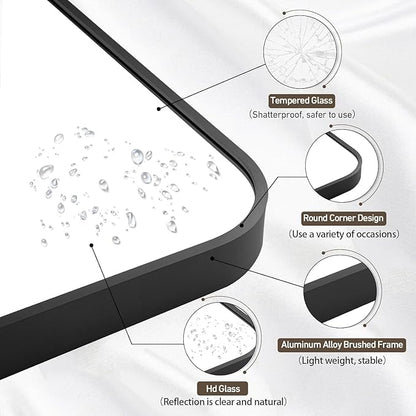 Black Bathroom Mirror, 48x30 Inch Matte Black Mirror, Aluminum Alloy Framed Vanity Mirror, Rounded Rectangle Bathroom Mirror for Over Sink, Anti-Rust Wall Mirror (Horizontally or Vertically)