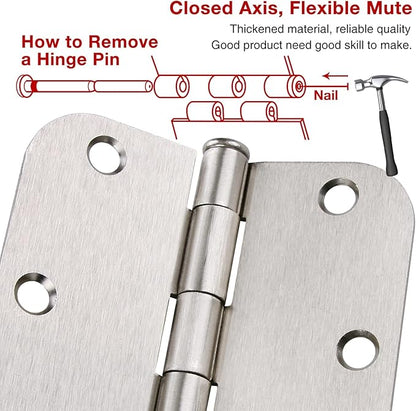 42 Pack Rounded Door Hinges Brushed Nickel 3.5 Inch Interior 5/8" 3-1/2" Flat Iron Hinge Hardware House Bifold Table Farmhouse Bedroom Office Living Room Decor 3 ½" Heavy Metal Accessories for Doors