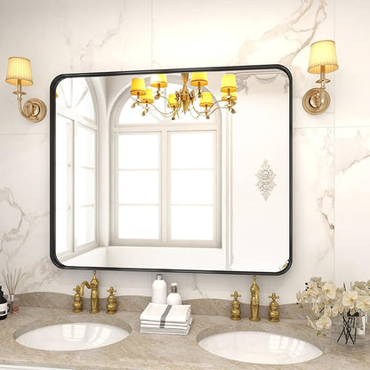 Bathroom Mirror 30x40 inch, Black Gorgeous Deep Frame Wall Mirror, Modern Round Corner Bathroom Vanity Mirror for Bedroom, Living Room, Hanging or Leaning Horizontal or Vertical, Black