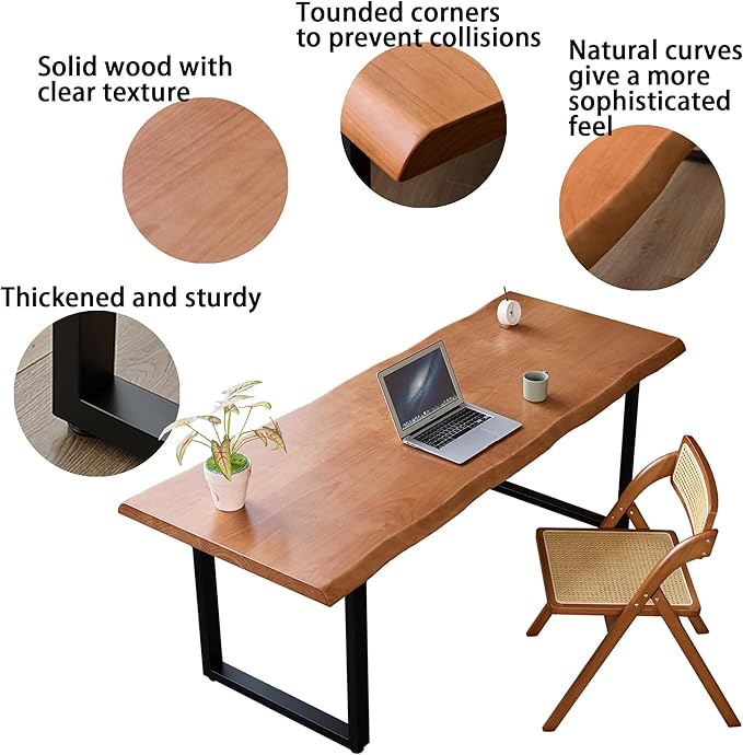 Stylish Solid Wood Office Desk with Sturdy Metal Base - Durable Executive Computer Desk or Dining Table in Multiple Sizes - Perfect for Home Office and Work Environments(Tan78.74in)