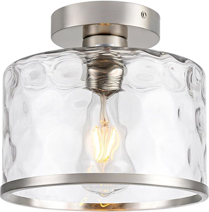 Modern Semi Flush Mount Ceiling Light with Industrial Clear Hammered Glass Lampshade, Farmhouse Ceiling Lights fixtures in Satin Nickel for Hallway Kitchen Bathroom Bedroom
