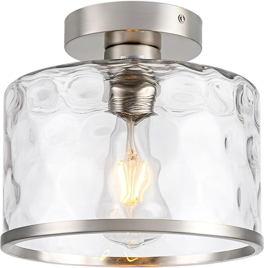 Modern Semi Flush Mount Ceiling Light with Industrial Clear Hammered Glass Lampshade, Farmhouse Ceiling Lights fixtures in Satin Nickel for Hallway Kitchen Bathroom Bedroom