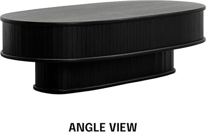 NTC Stream DOU Coffee Table, Modern Double-Layer Oval Wooden Center Table with Vertical Groove Design, Stylish Living Room Decor, Contemporary Minimalist Style, Easy Assembly - Burnt Black