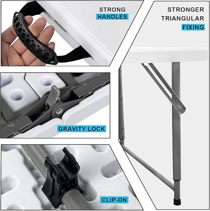 48" W x 24" D x 29.5" H - 4FT Adjustable Height Heavy Duty Plastic Fold-in-Half Foldable Table，White Portable Folding Table with Carrying Handle for Camping & Party