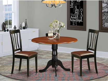 East West Furniture DLAN3-BCH-LC 3 Piece Kitchen Table Set for Small Spaces Contains a Round Dining Room Table with Dropleaf and 2 Faux Leather Upholstered Chairs, 42x42 Inch, Black & Cherry